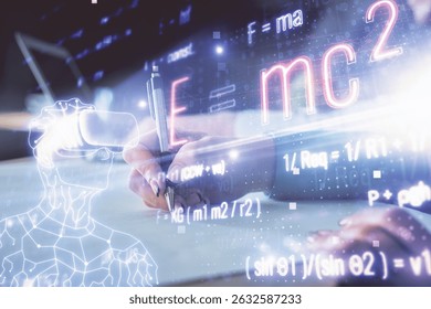 Double exposure of formula drawing over people taking notes background. Concept of education