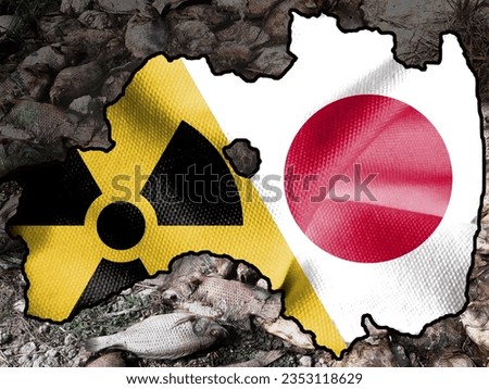 Double exposure of Fukushima, Japan on map with nuclear radiation warning sign and pouring water into sea. nuclear wastewater. Emissions. Ecological damage. chemical pollution. environmental