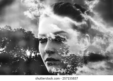 Double Exposure Girl Clouds Black White Stock Photo 257155837 ...