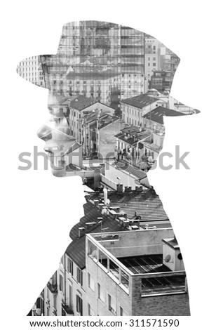 Double exposure of girl wearing hat and cityscape monochrome