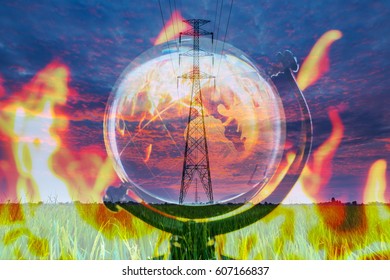 Double Exposure Of Global Warming And Electric Transmission Tower