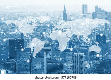 Double exposure global world map on business financial network city background. Elements of this image furnished by NASA - Shutterstock ID 577182709