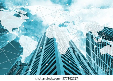 Double exposure global world map on business financial network city background. Elements of this image furnished by NASA