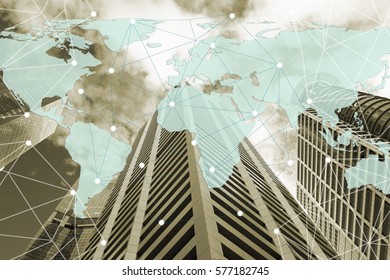 Double exposure global world map on business financial network city background. Elements of this image furnished by NASA