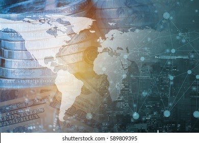 Double exposure global world map on money and business financial network city background. Elements of this image furnished by NASA