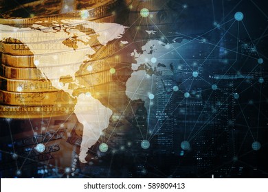 Double Exposure Global World Map On Money And Business Financial Network City Background. Elements Of This Image Furnished By NASA