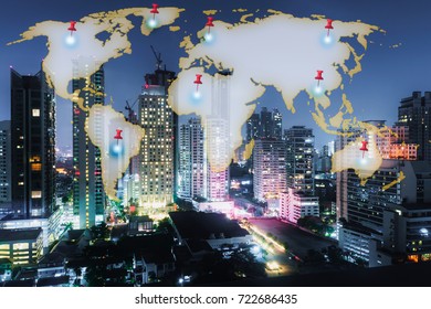 Double exposure global world map on business financial network Bangkok night city background. Elements of this image furnished by NASA