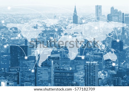 Double exposure global world map on business financial network city background. Elements of this image furnished by NASA