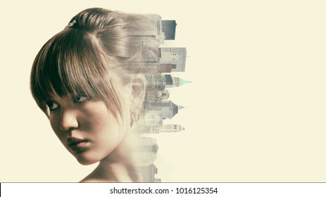 Double Exposure Of Gorgeous Woman Portrait Looking Aside And City Skyline