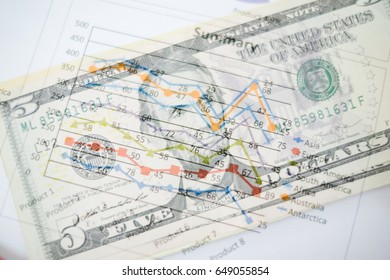 Double exposure of graph and dollars banknotes  for finance and business concept