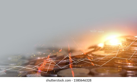 Double exposure of graph and rows of coins for finance and business concept, Stock market or forex trading and candlestick chart suitable for financial investment concept. Economy trends, SME.