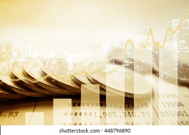 Double exposure of graph and rows of coins for finance and banking concept