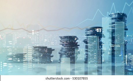 Double exposure of graph and rows of coins for finance and business concept