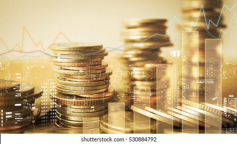 Double exposure of graph and rows of coins for finance and business concept - Shutterstock ID 530884792