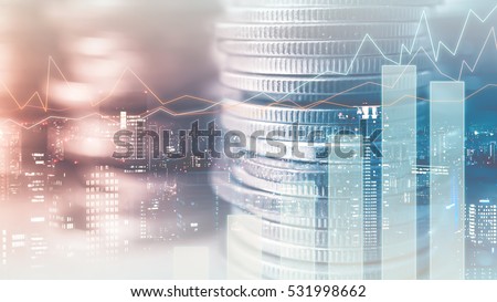Double exposure of graph and rows of coins in soft color for finance and business concept