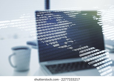 Double exposure of graphic America map on computer background, big data and digital technology concept
