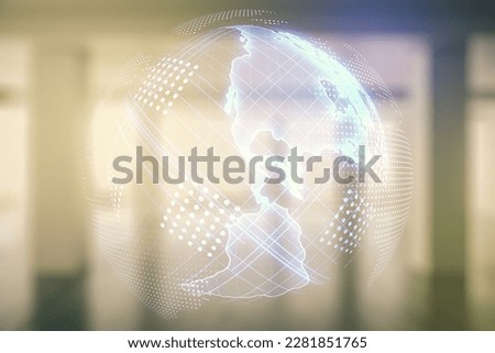 Double exposure of graphic America map hologram on empty room interior background, big data and digital technology concept