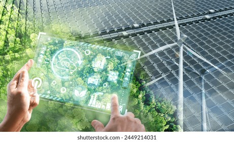 Double exposure graphic of business people working over wind turbine farm and green renewable energy worker interface. Concept of sustainability development by alternative energy. - Powered by Shutterstock