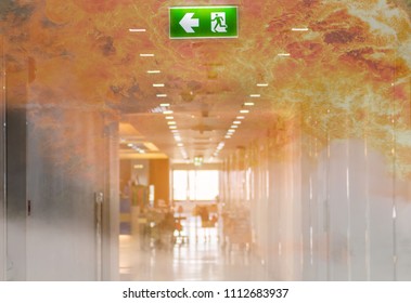 Double Exposure Green Emergency Exit Sign In Hospital Showing The Way To Escape With Fire
