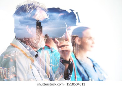 Double Exposure Group Of Happy Professional Doctor Surgeon And Nurse Team With VR Headset, Virtual Reality Technology On City Night Background, Healthcare And Medical Concept