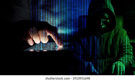 Double exposure hacker using laptop with binary code digital interface. Concept of cyber attack, virus, malware, cyber war