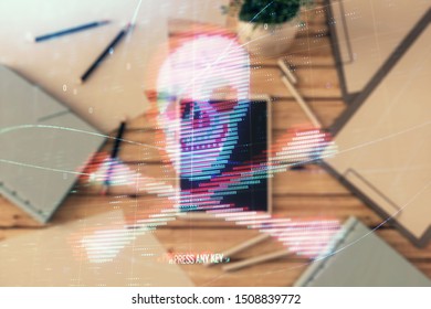 Double exposure of hacking theme drawing on digital tablet, table background. Concept of data securitization