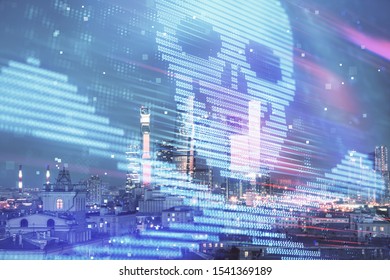 Double exposure of hacking theme drawing hologram on cityscape background. Concept of data cyber piracy