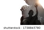 Double exposure of a hand girl praying and worship in the church, Hands folded in prayer concept for faith, spirituality and religion, Hands Raised In Worship background.