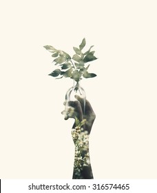 Double Exposure With Hand Holding Glass Jar With Branch Plant