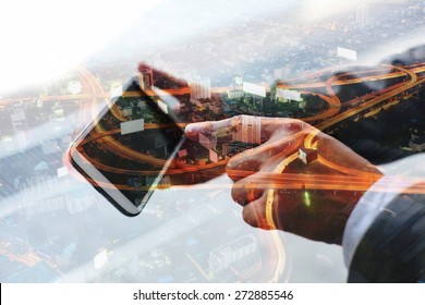 Double Exposure Of Hand Touch Screen On Smartphone.