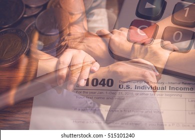 Double Exposure Of Hands Coordination And  Tax Form For Taxation Concept 