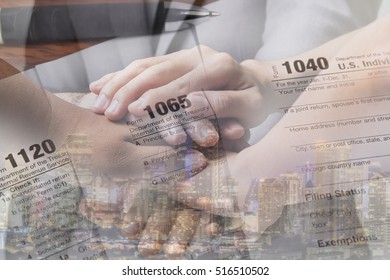 Double Exposure Of Hands Coordination And Tax Form For Taxation Concept