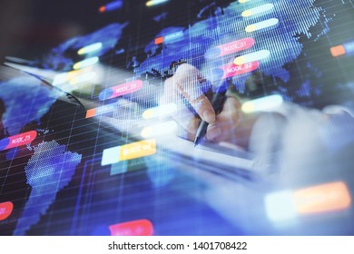 Double exposure of hands making notes background with technology and digital coding huds. Data learning concept.