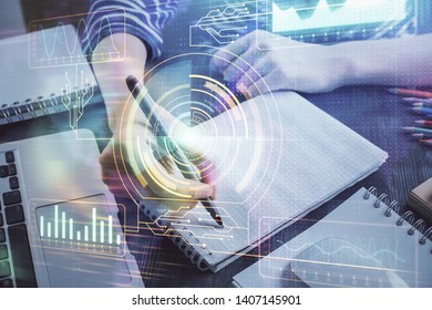 Double exposure of hands making notes with digital coding icons. Computer learning concept.