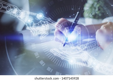 Double exposure of hands making notes background with technology and digital coding huds. Data learning concept.