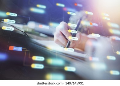 Double exposure of hands making notes background with technology and digital coding huds. Data learning concept. - Shutterstock ID 1407145931