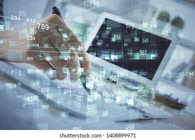 Double exposure of hands making notes with digital coding icons. Computer learning concept.