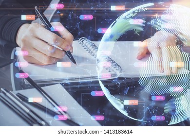 Double exposure of hands making notes with world map hologram and data theme icons. Concept of global computer data. - Powered by Shutterstock - Get 15% off with code: PIKWIZARD15