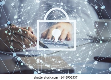 Double exposure of hands making notes with lock icons. Concept security and protection of data
