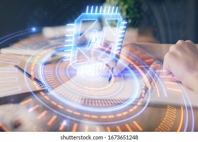 Double exposure of hands making notes with digital coding icons. Computer learning concept.