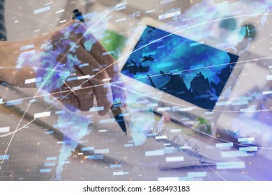 Double exposure of hands making notes with digital coding icons. Computer learning concept. - Powered by Shutterstock - Get 15% off with code: PIKWIZARD15