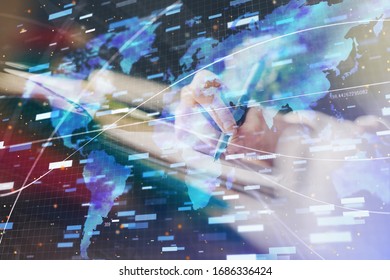 Double exposure of hands making notes background with technology and digital coding huds. Data learning concept.