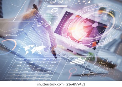 Double exposure of hands making notes with digital coding icons. Computer learning concept.