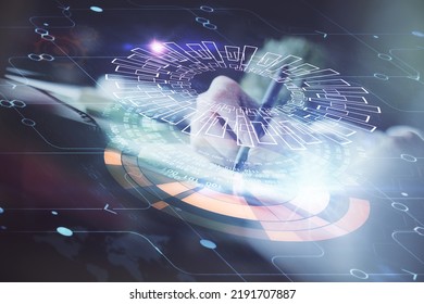 Double exposure of hands making notes background with technology and digital coding huds. Data learning concept.