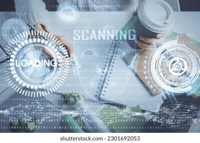 Double exposure of hands making notes background with technology and digital coding huds. Data learning concept.