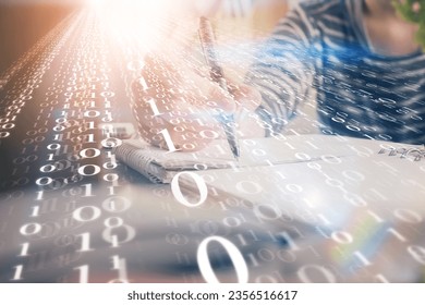 Double exposure of hands making notes with digital coding icons. Computer learning concept.