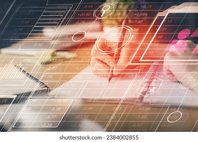 Double exposure of hands making notes with digital coding icons. Computer learning concept.