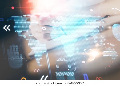 Double exposure of hands making notes with world map hologram and data theme icons. Concept of international network data.