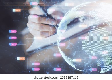 Double exposure of hands making notes with world map hologram and data theme icons. Concept of international network data.