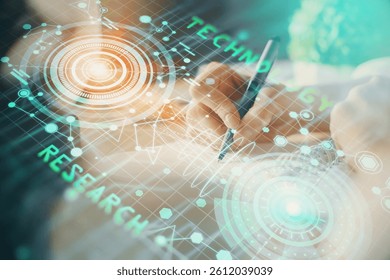Double exposure of hands making notes background with technology and digital coding huds. Data learning concept.